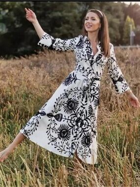 Zara Black & Off White Graphic Botanical Motif Midi Dress